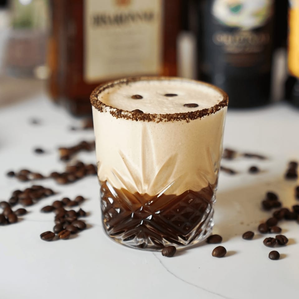 A coffee cocktail with a foamy top and coffee bean garnish, surrounded by scattered coffee beans.