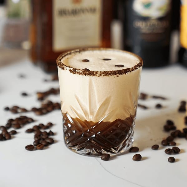 A coffee cocktail with a foamy top and coffee bean garnish, surrounded by scattered coffee beans.
