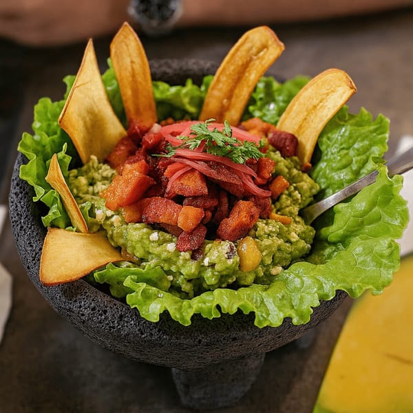 Guacamole in a dark stone bowl, topped with pork belly, pickled onions, and plantain chips.
