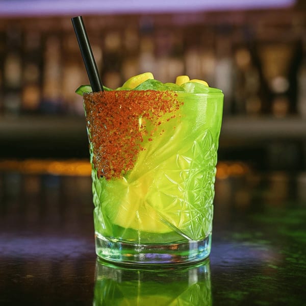 A vibrant green cocktail with a chili-lime rim, black straw, and lime wedges, on a bar.