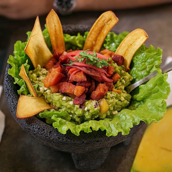 Guacamole with plantain chips, bacon, pickled onions, and cilantro in a dark stone bowl.