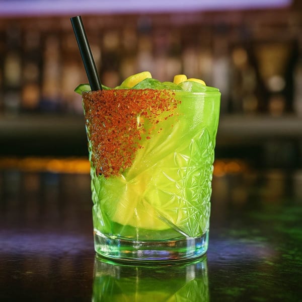 A vibrant green margarita with a chili-lime rim and a black straw on a dark bar.