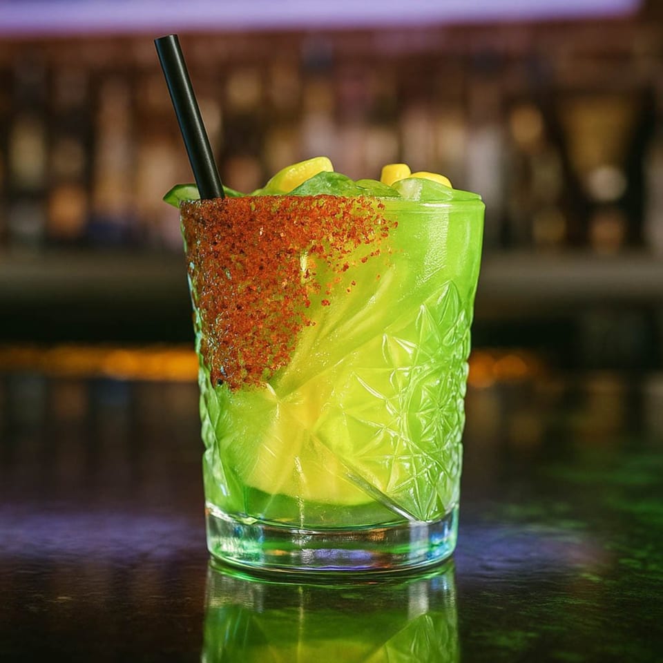 A vibrant green margarita with a chili-lime rim and a black straw on a dark bar.